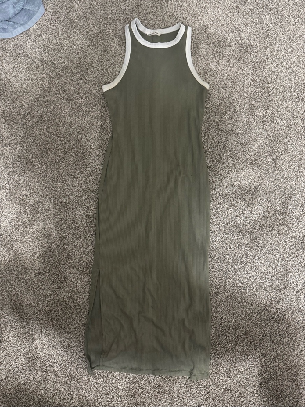 Sleeveless Olive Ribbed maternity Maxi Dress with White Trim